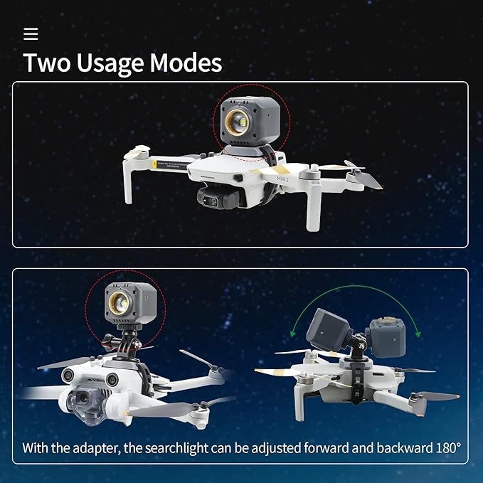 Dual-mode drone featuring adjustable searchlight with rotation capability highlighted against a starry background.