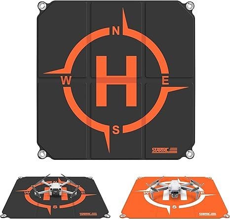 Foldable drone landing pad with compass design, shown in both black and orange color variations.