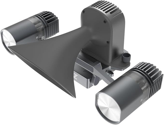 Gray double floodlight fixture with adjustable heads and aerodynamic design.