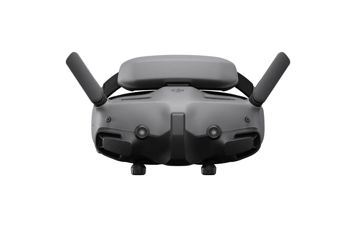 Front view of a gray virtual reality headset with two antennas and multiple sensors.