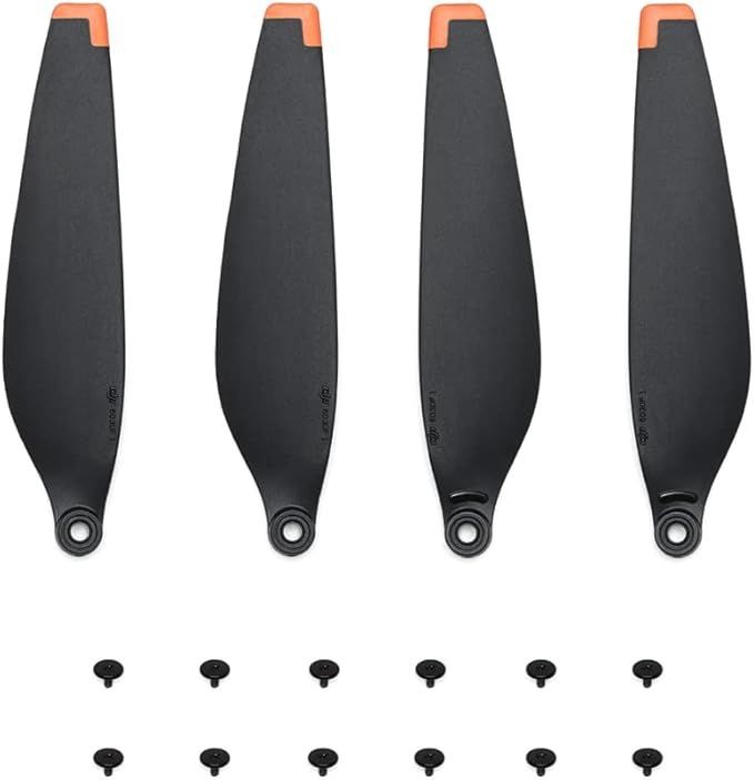 Four black drone propellers with orange tips and accompanying screws.