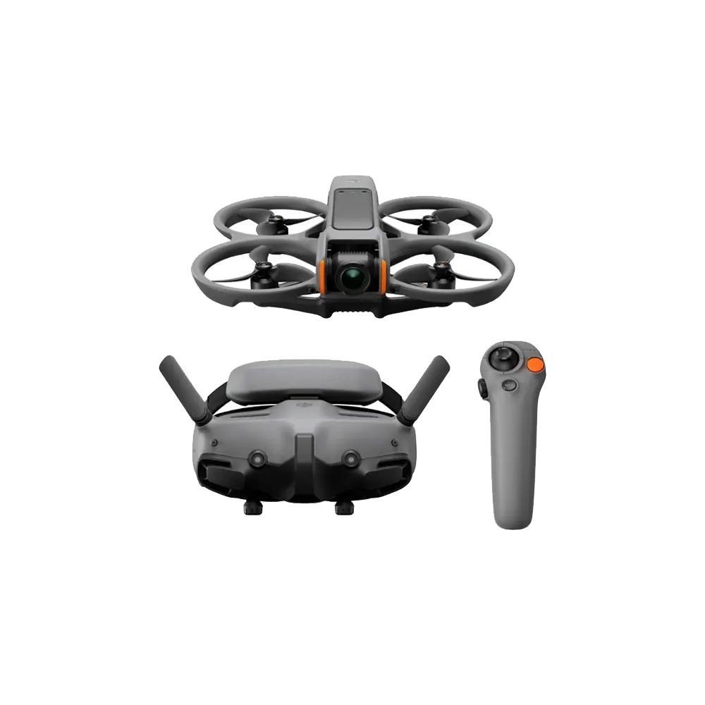 Grey drone with propeller guards, virtual reality goggles, and handheld controller on a white background.