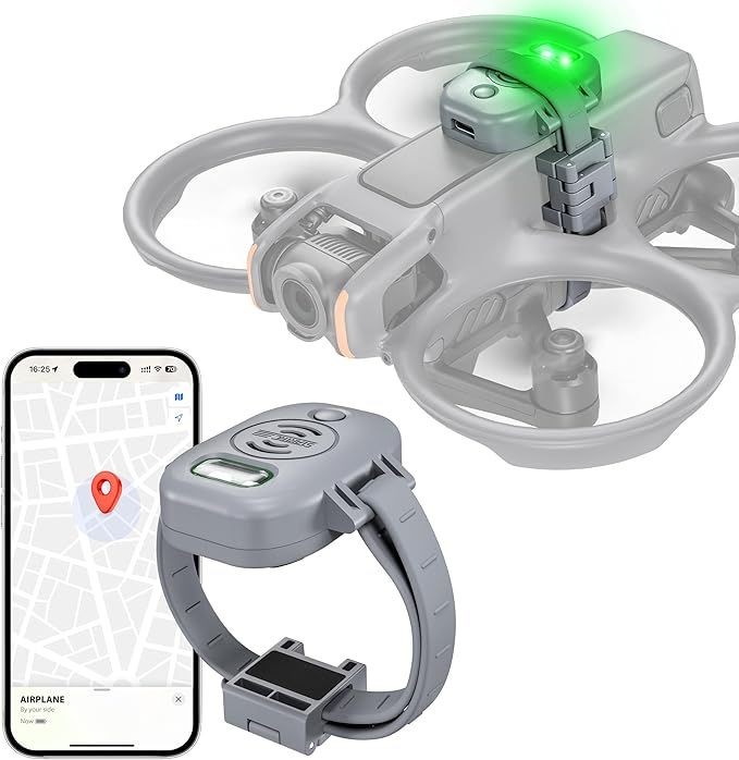 Drone with GPS wristband and smartphone displaying a map location pin.