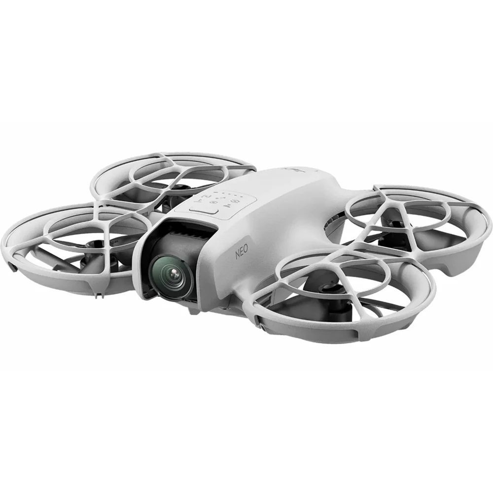 Close-up of a white quadcopter drone with circular propeller guards.