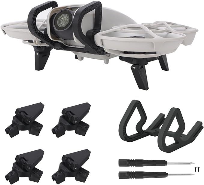 Drone parts kit with protective guards, clamps, and screwdriver tools.