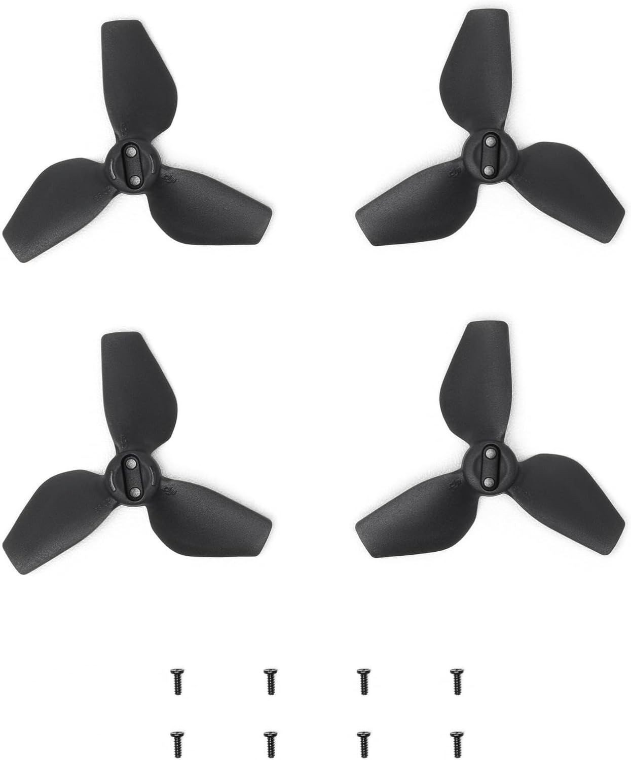 Four black three-blade propellers with accompanying screws arranged on a white background.