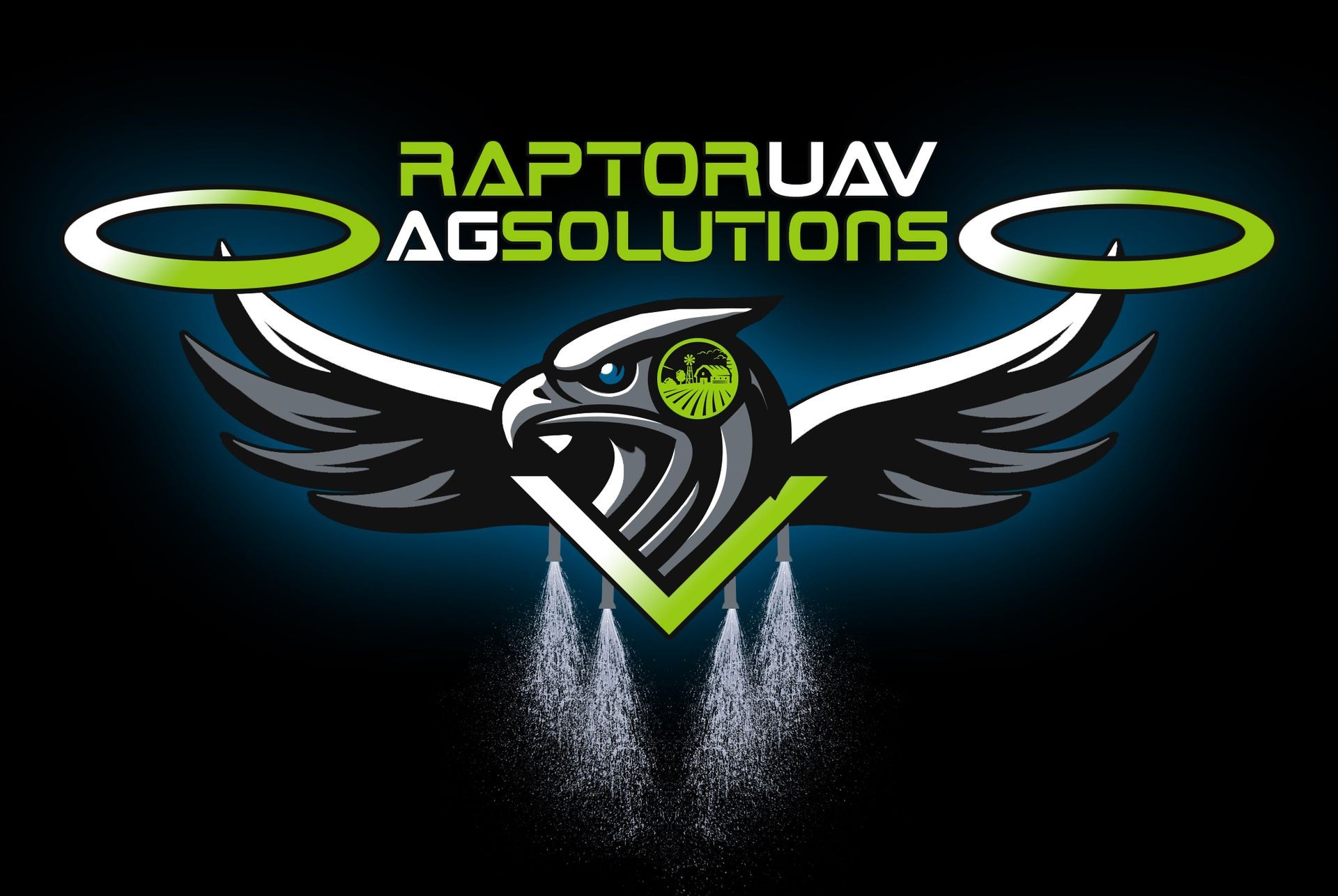 Raptor UAV Ag Solutions logo featuring a stylized hawk with agricultural imagery and drone elements.