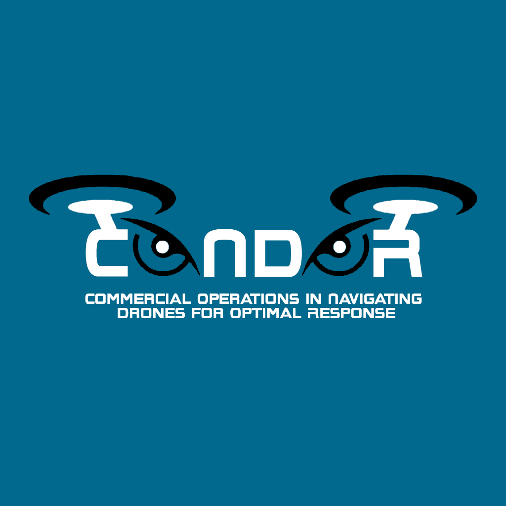 Logo for C.O.N.D.O.R. (Commercial Operations in Navigating Drones for Optimal Response) featuring stylized eyes and drones, highlighting the focus on commercial drone navigation.