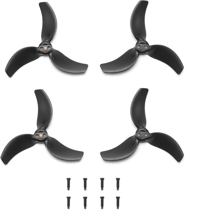 Four black three-bladed propellers with eight screws arranged below them on a white background.