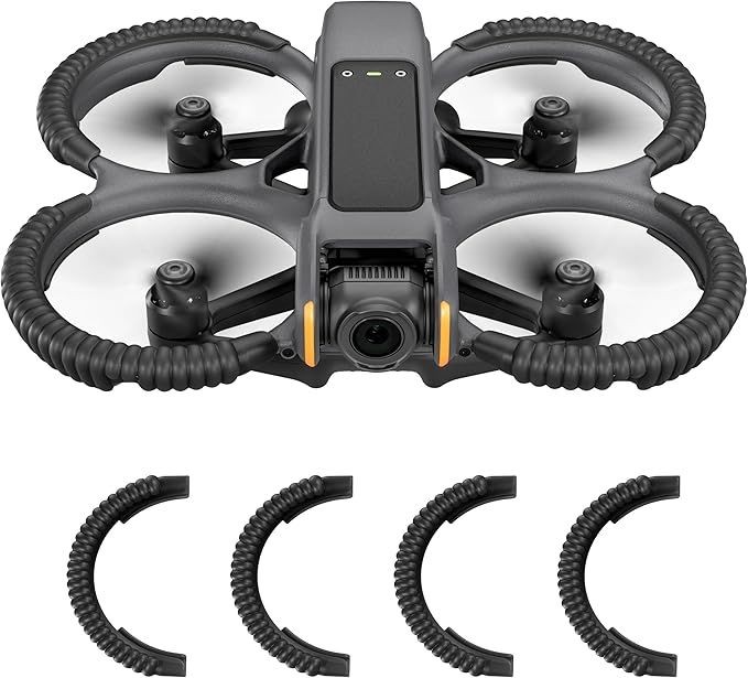 Black quadcopter drone with protective propeller guards and camera, displayed with four detachable accessories.