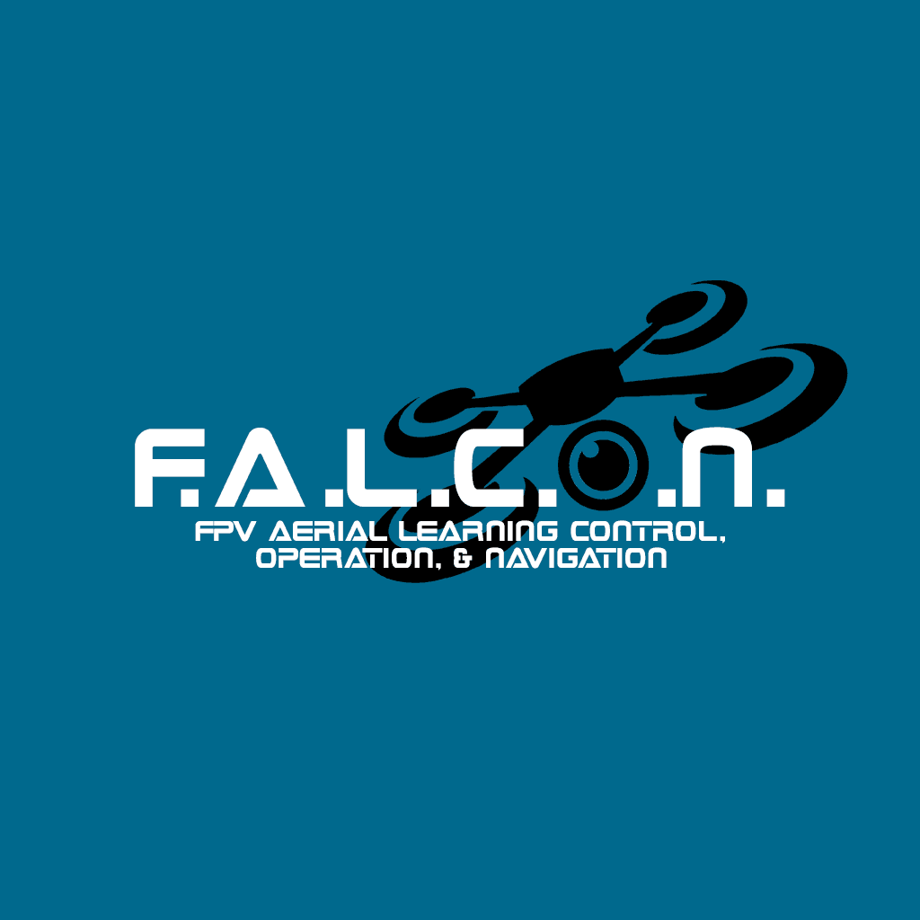 Logo with text F.A.L.C.O.N. and drone graphic on blue background.