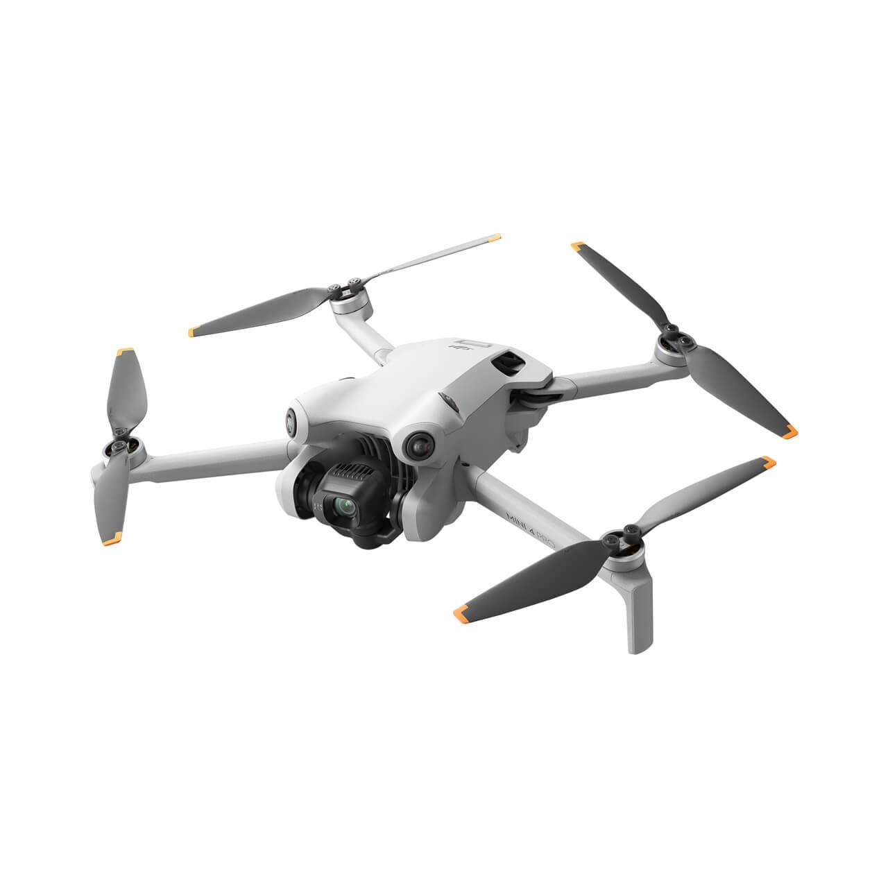 White quadcopter drone with four propellers and a mounted camera.