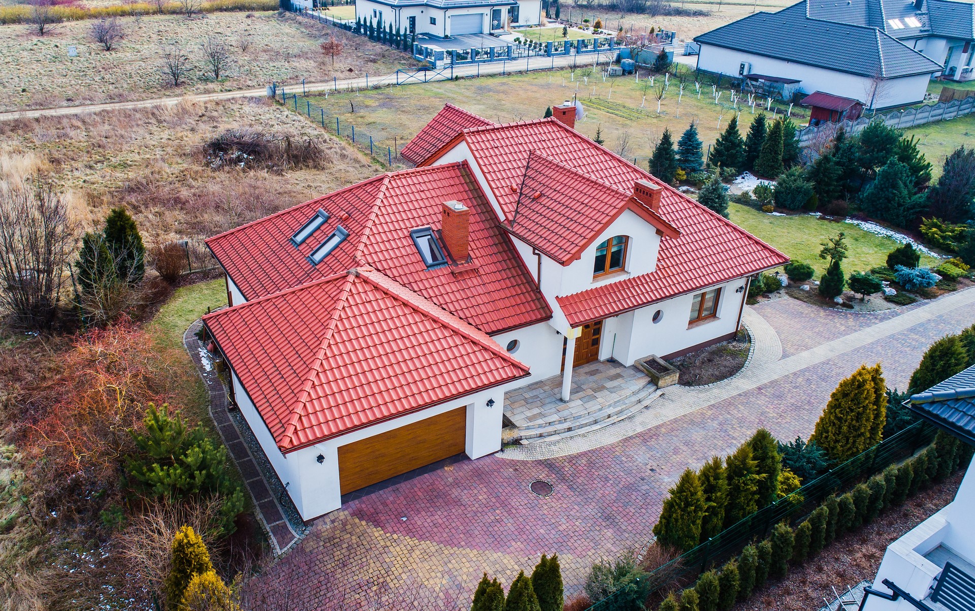 Aerial drone view on single family house