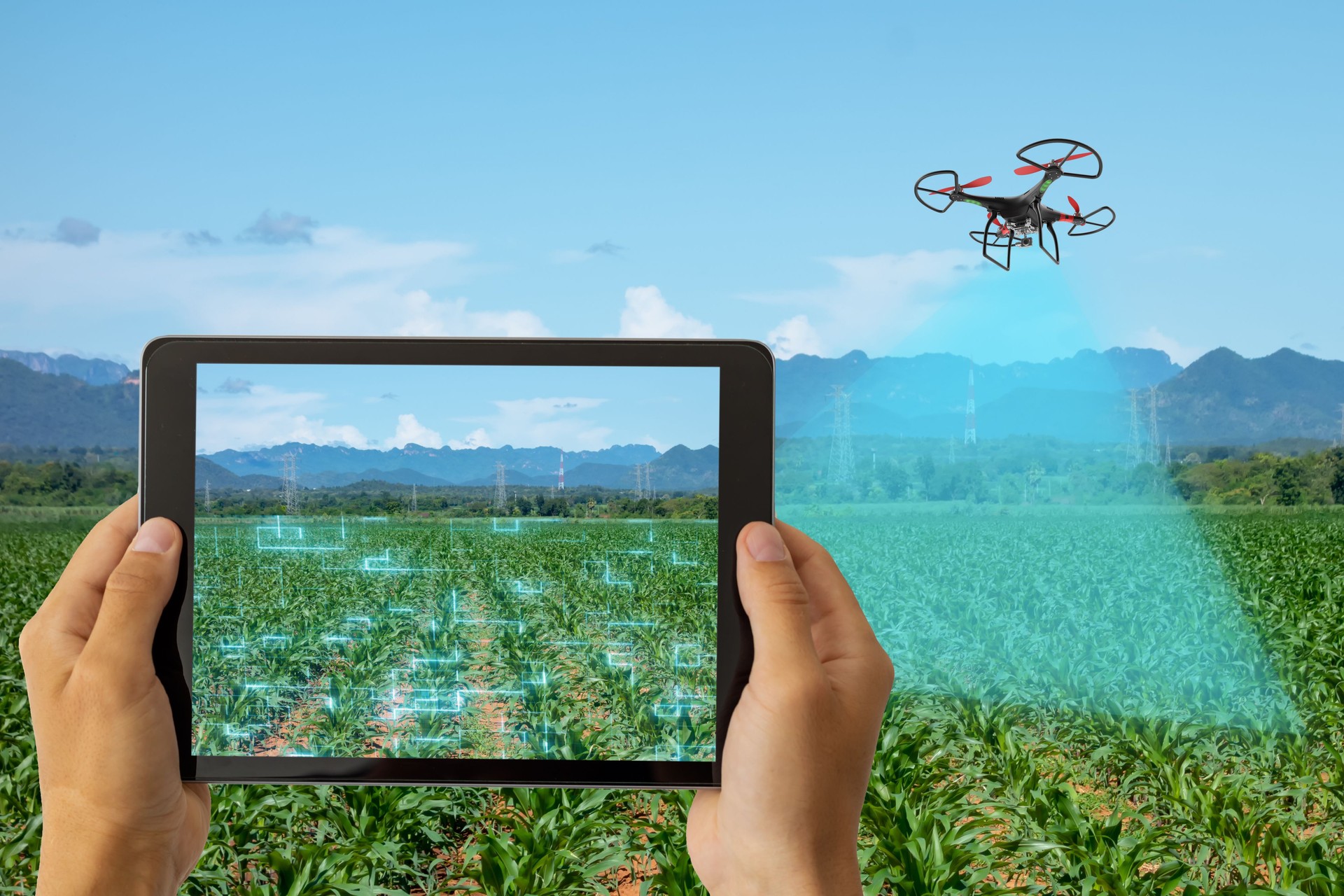 drone for agriculture, drone use for various fields like research analysis, safety,rescue, terrain scanning technology, monitoring soil hydration ,yield problem and send data to smart farmer on tablet