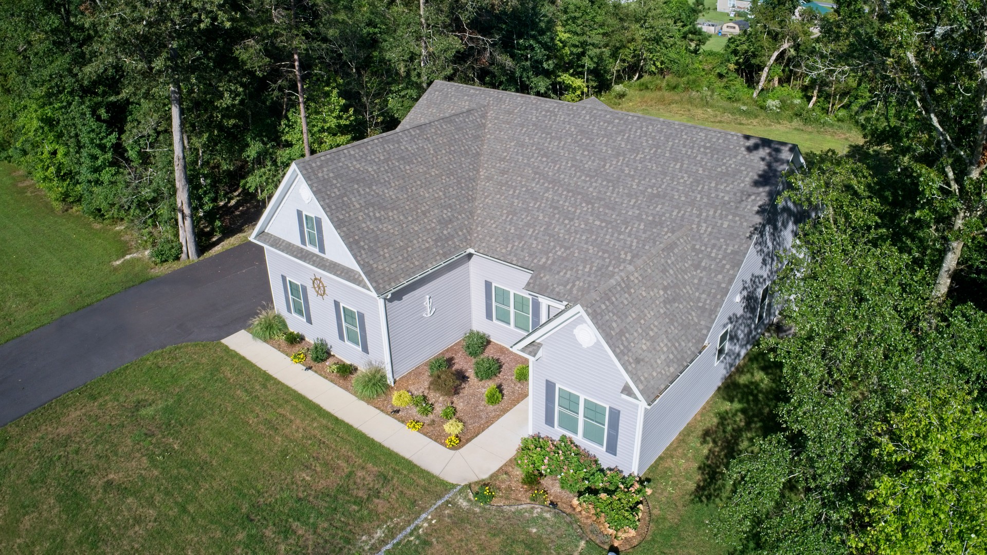 Aerial view of new house in rural area