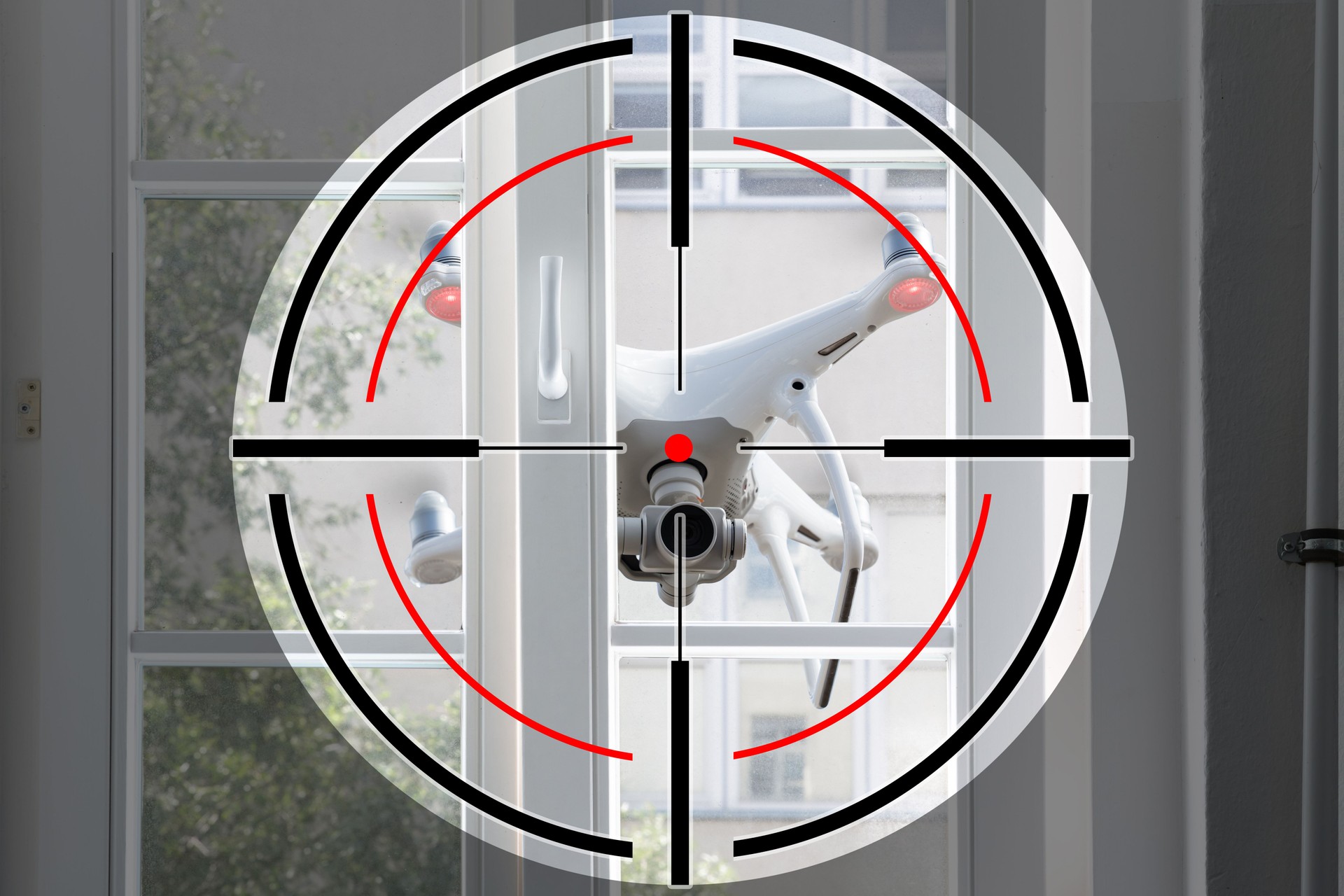 Flying white drone spying through window