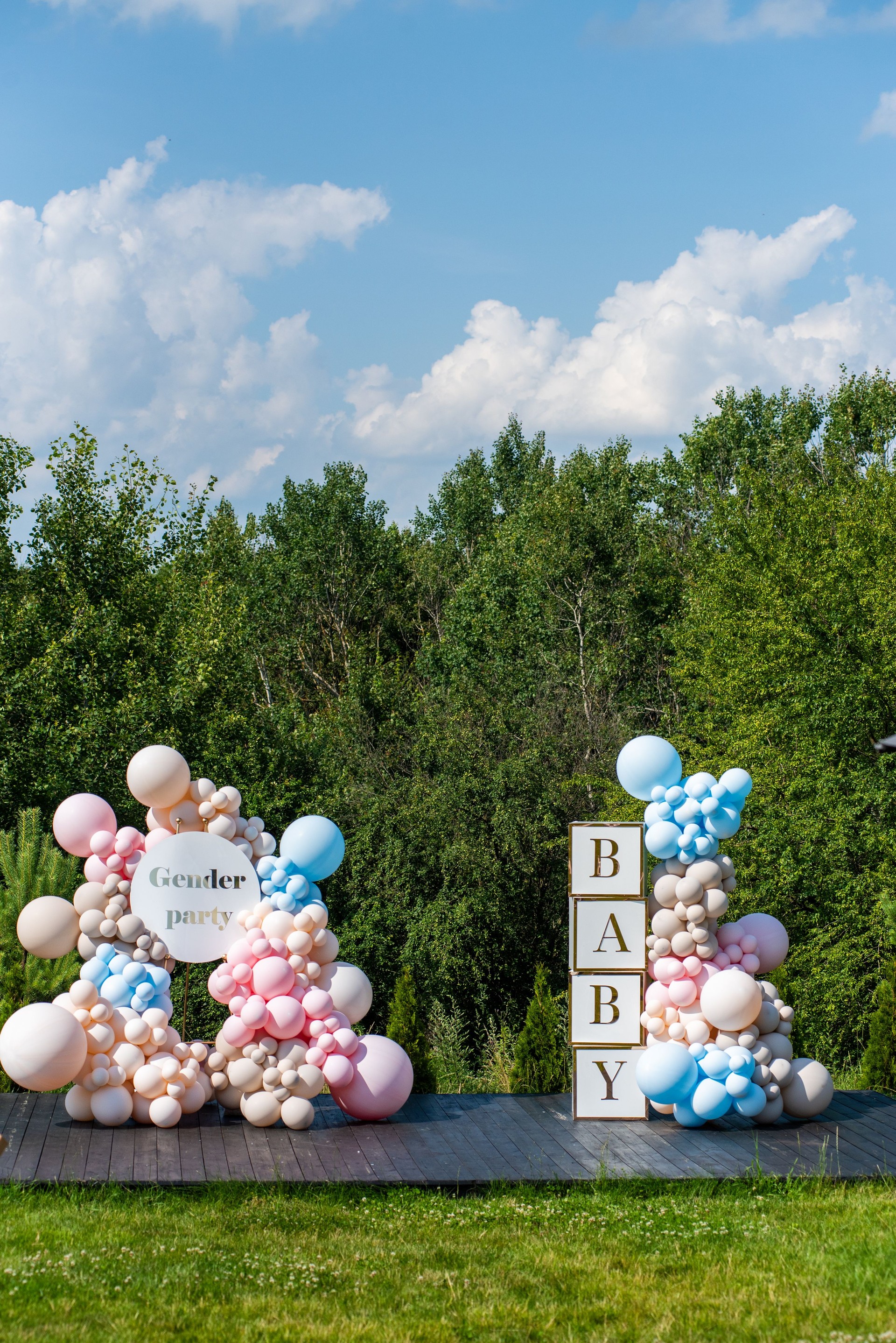 Gender party decorations background. Babyshower celebrations. Happy day for parents