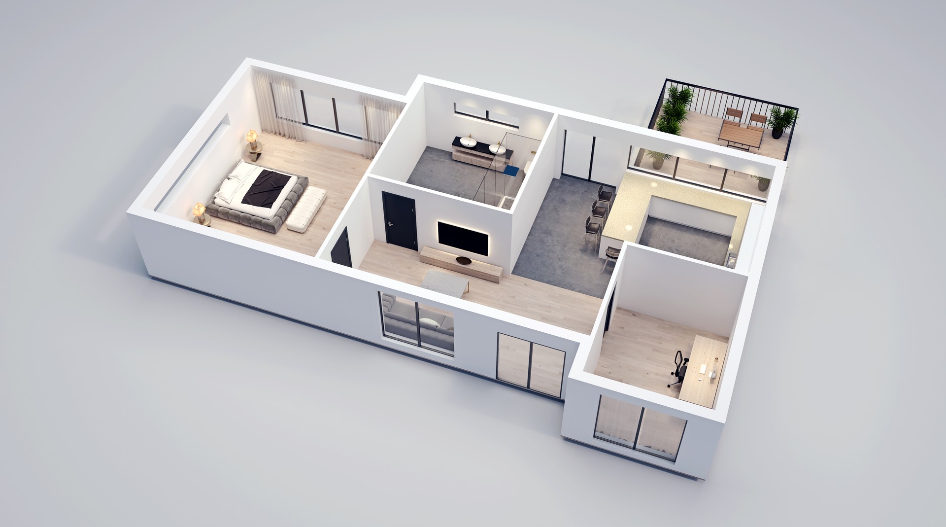 modern interior design, isolated floor plan with white walls, blueprint of apartment, house, furniture, isometric, perspective view, 3d rendering